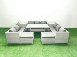 Rackhams Rattan Garden Outdoor Furniture Set 11 Seater Garden Sofa Rectangulr Dining Table Set with 2 Big Footstools 2 Side Tables Light Grey Mixed - thumbnail 1