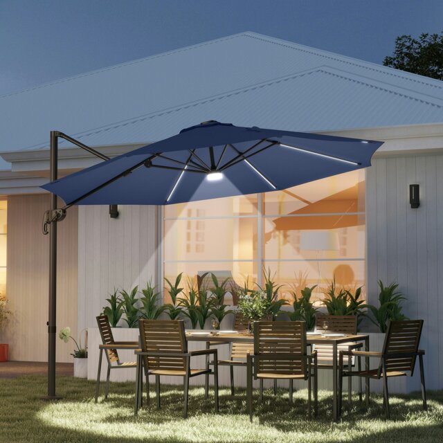 Rackhams 3m Cantilever Roma Parasol Garden Sun Umbrella with 360° Rotation Crank & Tilt Aluminium Frame LED Solar Light Cross Base - Dark Grey - Blue - 2.92m x 2.92m x 2.4m