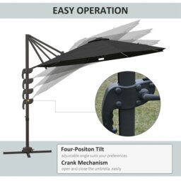 Rackhams 3m Cantilever Roma Parasol Garden Sun Umbrella with 360° Rotation Crank & Tilt Aluminium Frame LED Solar Light Cross Base - Dark Grey - Blue - 2.92m x 2.92m x 2.4m - thumbnail 5