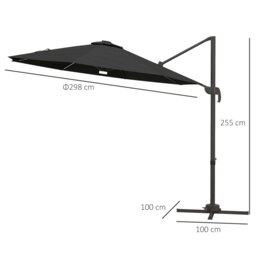 Rackhams 3m Cantilever Roma Parasol Garden Sun Umbrella with 360° Rotation Crank & Tilt Aluminium Frame LED Solar Light Cross Base - Dark Grey - Blue - 2.92m x 2.92m x 2.4m - thumbnail 6