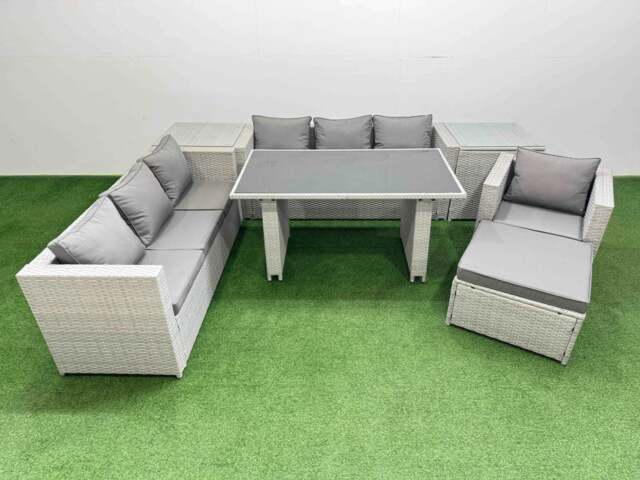 Rackhams Patio Garden Furniture Sets with Black Glass Top Dining Table 3 Seater Sofa Armchair 2 Side Tables Big Stool Light Grey - image 1