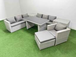 Rackhams Patio Garden Furniture Sets with Black Glass Top Dining Table 3 Seater Sofa Armchair 2 Side Tables Big Stool Light Grey - thumbnail 2