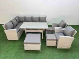 Rackhams 11 Seater Rattan Garden Furniture Set Outdoor Patio Dining Corner Sofa Sets with Dining Table 2 Chairs 3 Footstools Light Grey Mixed - thumbnail 2
