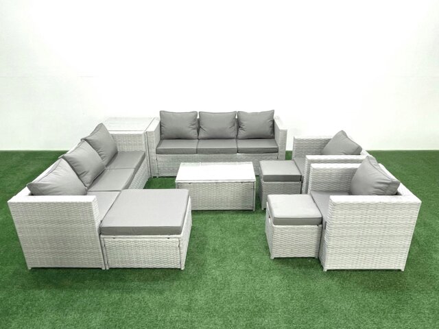 Rackhams Outdoor Rattan Sofa Garden Furniture Set with 2 Armchairs Oblong Coffee Table 3 Footstools Side Table Light Grey Mixed - image 1