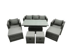 Rackhams PE Rattan Garden Furniture Set Lounge Sofa Rising Dining Table Set with 4 Footstool Dark Grey Mixed - thumbnail 2