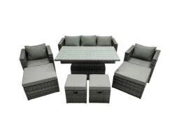 Rackhams PE Rattan Garden Furniture Set Lounge Sofa Rising Dining Table Set with 4 Footstool Dark Grey Mixed - thumbnail 1