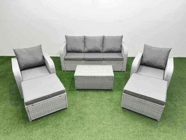Rackhams PE Rattan Garden Furniture Set Reclining Chair Sofa Lounge Sofa Set Oblong Coffee Table 2 Big Footstool Light Grey - image 1