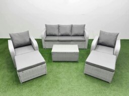 Rackhams PE Rattan Garden Furniture Set Reclining Chair Sofa Lounge Sofa Set Oblong Coffee Table 2 Big Footstool Light Grey - thumbnail 1