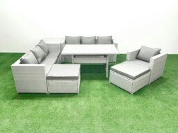 Rackhams 8 Pieces Outdoor Rattan Sofa Set with Cushions Patio Garden Furniture Sets with Armchair Dining Table Side Table 2 Big Footstools - thumbnail 2