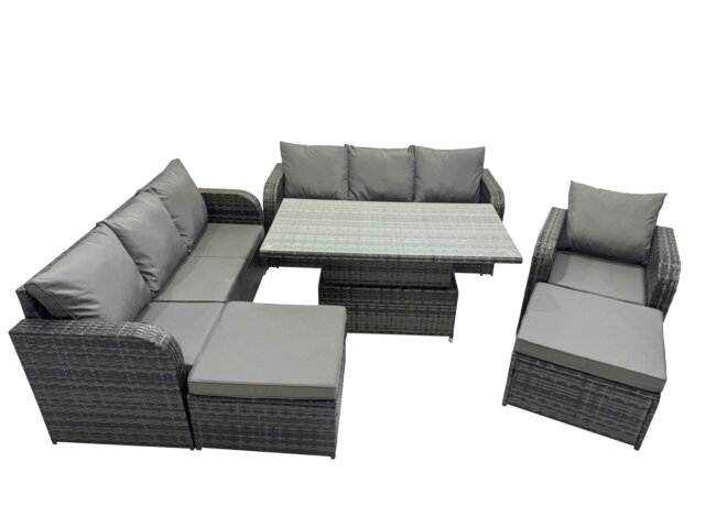 Rackhams Rattan Garden Furniture Dining Set 9 seater Patio Height Adjustable Rising Lifting Table Sofa Set with 2 Big Footstool Dark Grey Mixed - image 1