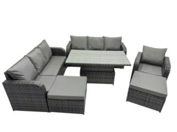 Rackhams Rattan Garden Furniture Dining Set 9 seater Patio Height Adjustable Rising Lifting Table Sofa Set with 2 Big Footstool Dark Grey Mixed - thumbnail 1