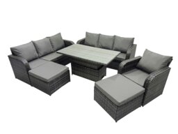 Rackhams Rattan Garden Furniture Dining Set 9 seater Patio Height Adjustable Rising Lifting Table Sofa Set with 2 Big Footstool Dark Grey Mixed - thumbnail 2