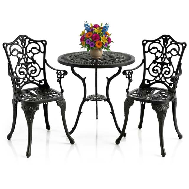 Rackhams TABREEZ Garden and Patio Table and 2 Large Chairs with Armrests Cast Aluminium Bistro Set - Black - image 1