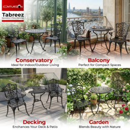 Rackhams TABREEZ Garden and Patio Table and 2 Large Chairs with Armrests Cast Aluminium Bistro Set - Black - thumbnail 3