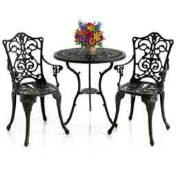 Rackhams TABREEZ Garden and Patio Table and 2 Large Chairs with Armrests Cast Aluminium Bistro Set - Black - thumbnail 1