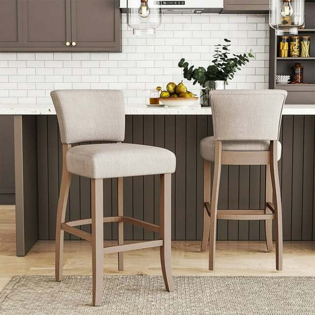 Rackhams Set of 2 Linen Upholstered Bar Stools with Natural Wood Legs - Floral White