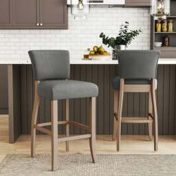 Rackhams Set of 2 Linen Upholstered Bar Stools with Natural Wood Legs - Floral White - thumbnail 2