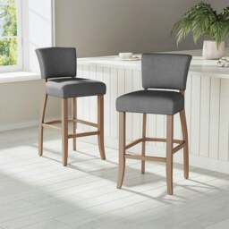 Rackhams Set of 2 Linen Upholstered Bar Stools with Natural Wood Legs - Floral White - thumbnail 4