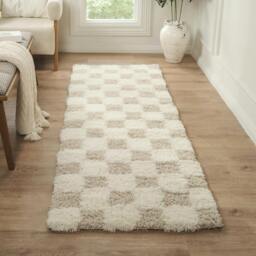 Rackhams Urban Shag-Modern Cream Beige Checkered Soft Plush Pile Rug - 80 x 220 cm - thumbnail 1