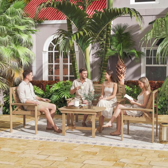 Rackhams 4 Seater Garden Furniture Sofa Set with Curved Seat, Natural Wood - Fir wood - Natural wood - 2 armchairs, 1 loveseat, 1 coffee table - image 1