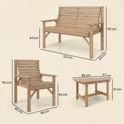 Rackhams 4 Seater Garden Furniture Sofa Set with Curved Seat, Natural Wood - Fir wood - Natural wood - 2 armchairs, 1 loveseat, 1 coffee table - thumbnail 3