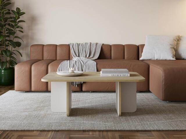 Rackhams Modern Rectangular Curved Corners Coffee Table 100cm Centre Table with Thick Slab Legs for Home, Office - Oak-Sandstone - image 1