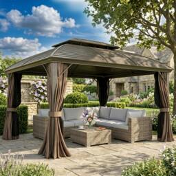 Rackhams 3.65 x 3(m) Aluminium Outdoor Gazebo w/ Hardtop Double Roof, Coffee