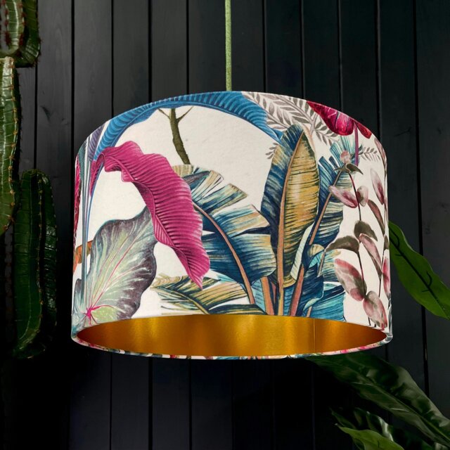 "Rackhams Ice Jungle Velvet Lampshade With Gold Lining - Ceiling Pendant / Arc Lamp - 35cm Diameter x 25cm Height (14"" x 10"")" - image 1