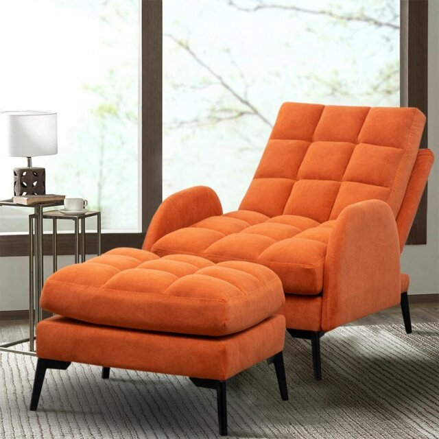 Rackhams Upholstered Adjustable Backrest Velvet Sleeper Recliner Come with Ottoman - DarkOrange