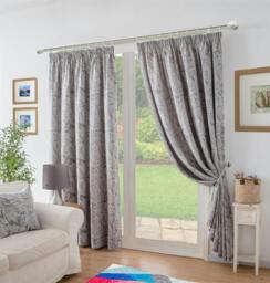 Rackhams Chenille Jacquard Lined Pencil Pleat Curtains - Silver - 117cm width x 229cm drop - thumbnail 1