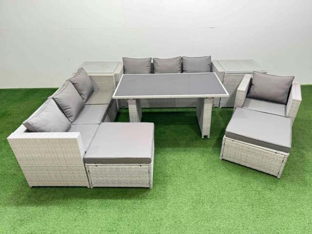 Rackhams Patio Garden Furniture Sets with Black Glass Top Dining Table 3 Seater Sofa Armchair 2 Side Tables 2 Big Stool Light Grey - image 1