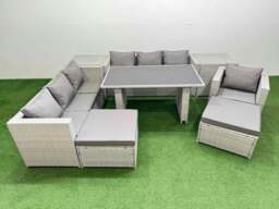 Rackhams Patio Garden Furniture Sets with Black Glass Top Dining Table 3 Seater Sofa Armchair 2 Side Tables 2 Big Stool Light Grey