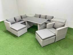 Rackhams Patio Garden Furniture Sets with Black Glass Top Dining Table 3 Seater Sofa Armchair 2 Side Tables 2 Big Stool Light Grey - thumbnail 2