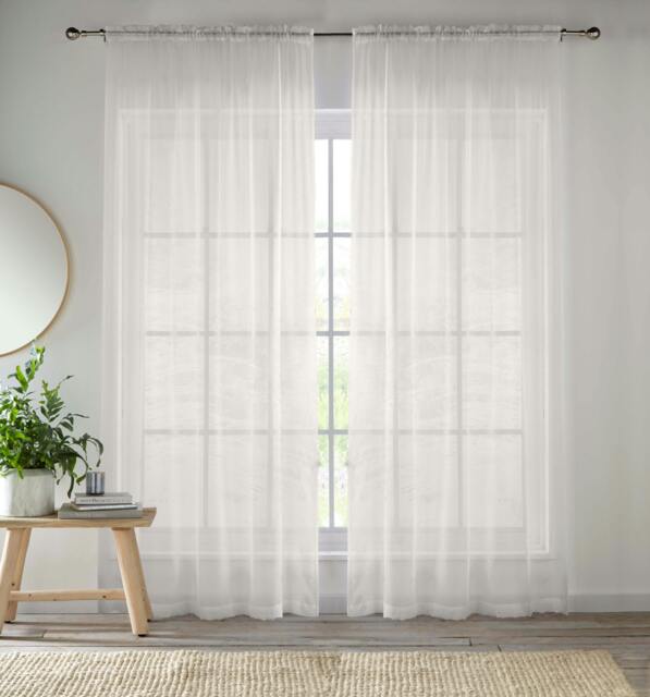 "Rackhams Crystal Plain Sheer Voile Panel Curtains Panel - Pair with Rod Pocket Header - Cream - 57"" (145cm) Width x 72"" (183cm) Drop" - image 1