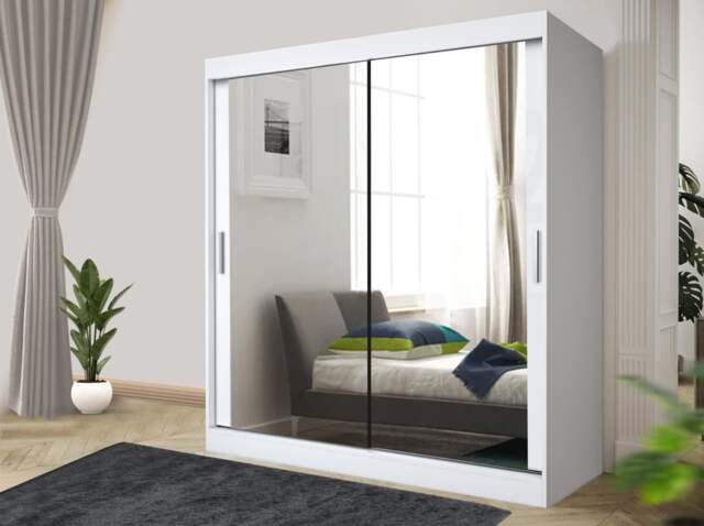 Rackhams Stylish Bedroom Sliding Wardrobe - comes in White/Grey/Black/Oak and Width 100cm/120cm/150cm/180cm/203cm/250cm - 100cm - White - image 1