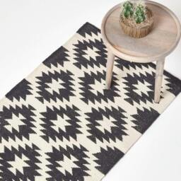 Rackhams Zurich Handwoven Black and White Cotton Geometric Kilim Rug - 66 x 200 cm - thumbnail 1