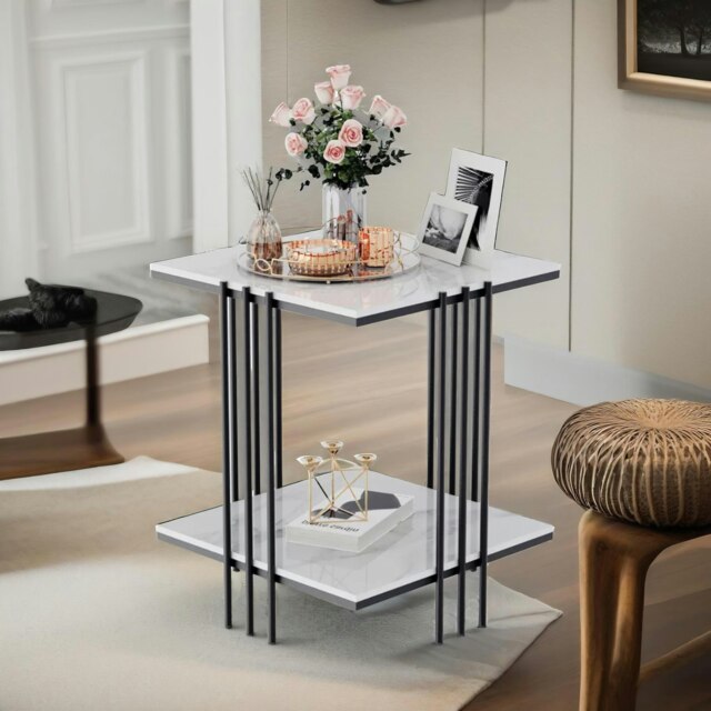 Rackhams 2 Tier Square Faux Marble Side Table Black - image 1