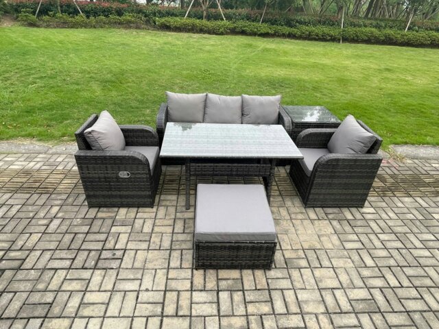 Rackhams Wicker PE Rattan Garden Furniture Set Outdoor Rectangular Dining Table and Chair Sofa Set With Side Table Big Footstool Dark Grey Mixed - image 1