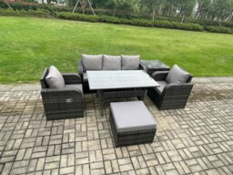 Rackhams Wicker PE Rattan Garden Furniture Set Outdoor Rectangular Dining Table and Chair Sofa Set With Side Table Big Footstool Dark Grey Mixed - thumbnail 2
