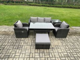 Rackhams Wicker PE Rattan Garden Furniture Set Outdoor Rectangular Dining Table and Chair Sofa Set With Side Table Big Footstool Dark Grey Mixed - thumbnail 1