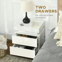 Rackhams White Bedside Table with LED Light, High Gloss Front Nightstand with 2 Drawers, for Living Room, Bedroom - thumbnail 6