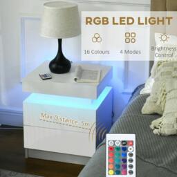 Rackhams White Bedside Table with LED Light, High Gloss Front Nightstand with 2 Drawers, for Living Room, Bedroom - thumbnail 4