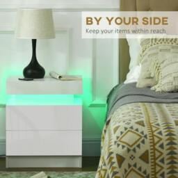 Rackhams White Bedside Table with LED Light, High Gloss Front Nightstand with 2 Drawers, for Living Room, Bedroom - thumbnail 5