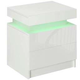Rackhams White Bedside Table with LED Light, High Gloss Front Nightstand with 2 Drawers, for Living Room, Bedroom - White