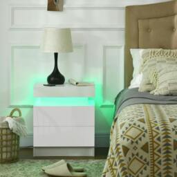 Rackhams White Bedside Table with LED Light, High Gloss Front Nightstand with 2 Drawers, for Living Room, Bedroom - thumbnail 2
