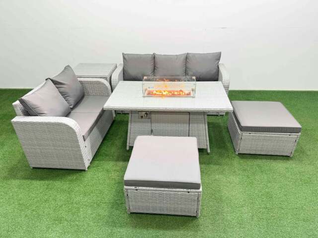 Rackhams 7 Seater PE Rattan Garden Furniture Patio Conservatory Sofa Set with Fire Pit Dining Table 3 Seater Sofa Love Sofa 2 Big Footstool Side Table - image 1