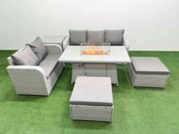 Rackhams 7 Seater PE Rattan Garden Furniture Patio Conservatory Sofa Set with Fire Pit Dining Table 3 Seater Sofa Love Sofa 2 Big Footstool Side Table - thumbnail 1