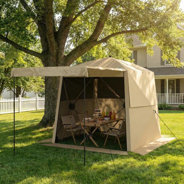 Rackhams 2 x 2 m Waterproof Pop Up Gazebo with Awning, Sides - Khaki - 198 x 198 x 197 cm - Pop Up Canopy - image 1