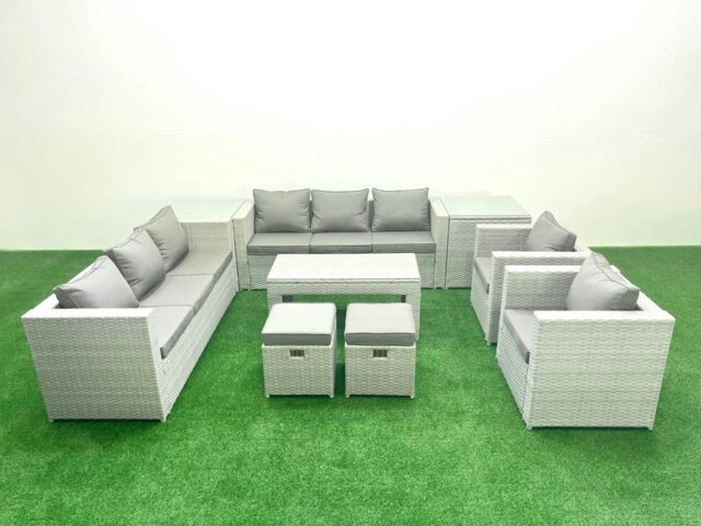Rackhams Outdoor Garden Furniture Rattan Sofa Set with 2 Armchairs Oblong Coffee Table 2 Small Footstools 2 Side Tables Light Grey Mixed - image 1