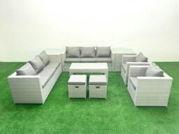 Rackhams Outdoor Garden Furniture Rattan Sofa Set with 2 Armchairs Oblong Coffee Table 2 Small Footstools 2 Side Tables Light Grey Mixed - thumbnail 2